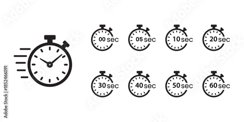 Stopwatch timer icon set, black and white outline, with a detailed watch face and a collection of simple circular timers indicating intervals from 00 to 60 seconds. Each timer is clearly labeled with 