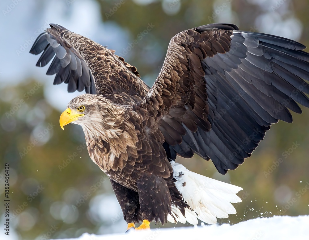 Obraz premium Large bird of prey with wings spread against a winter backdrop
