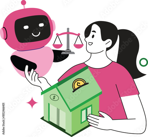 Legal advice with  ai service vector illustration. Artificial intelligence and woman evaluate real estate investment for financial planning