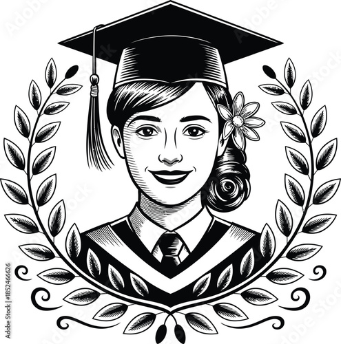 Graduate girl in cap and gown surrounded by laurel wreath engraving style vector