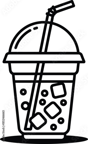 Iced drink in plastic cup with straw and ice cubes on transparent background vector