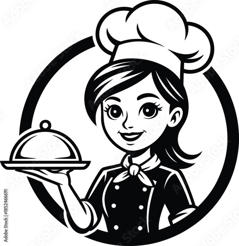 Illustration of female chef serving food on platter with smile in black and white