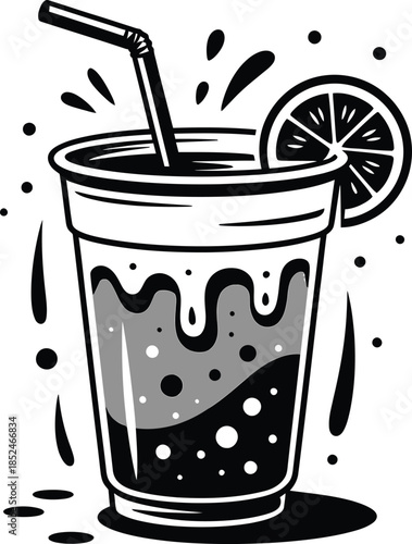 Refreshing drink in plastic cup with slice of orange black and white vector