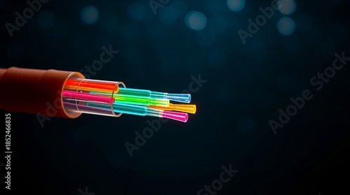 Modern illustration of colorful fiber optic cables emitting light against a dark bokeh background.