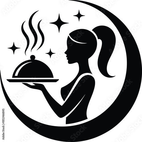 Silhouette Chef Serving Dish Vector Illustration With Moon and Stars Logo Design