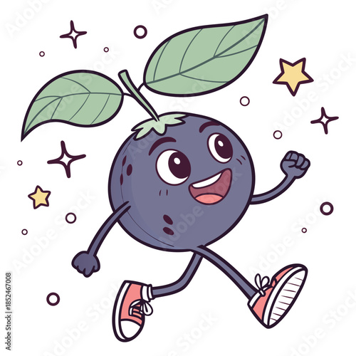 An adorable cartoon blueberry character running happily in a playful illustration style