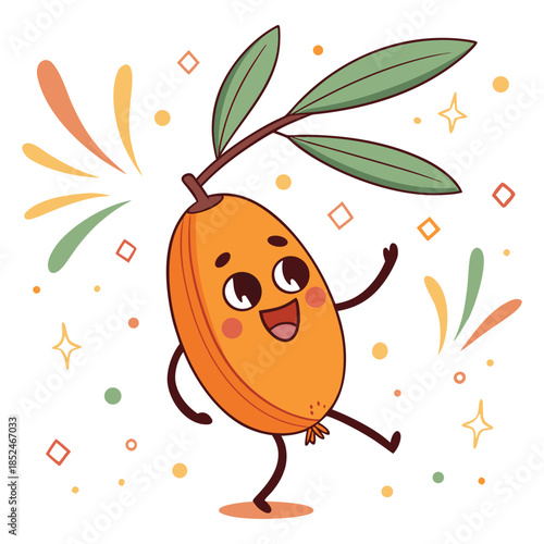 A cute cartoon illustration of a happy sea buckthorn berry dancing and celebrating.