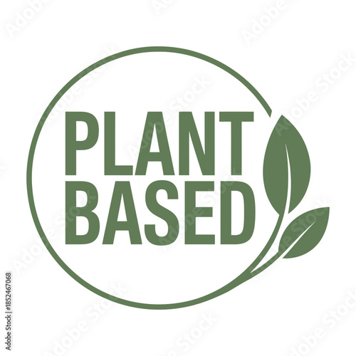 Plant based logo with green leaves and circle, vector illustration