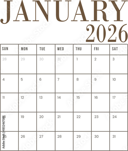 January calendar 2026. 12 months calendar in minimal lay out clip art collection with days and weekly schedule monthly pages design vector illustration. Minimalist style monthly calendar .
