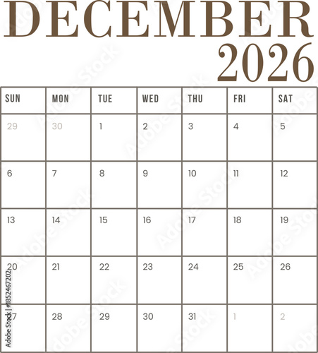 December calendar 2026. 12 months calendar in minimal lay out clip art collection with days and weekly schedule monthly pages design vector illustration. Minimalist style monthly calendar .