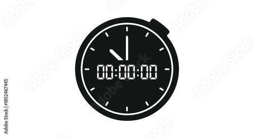 A black and white image of a stopwatch displaying zero with a circular design silhouette