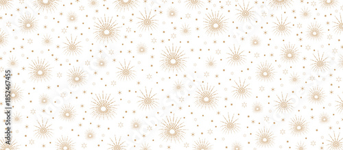 Golden pattern of fireworks and stars on transparent background, bright festive design, Christmas and New Year background. Vector illustration.