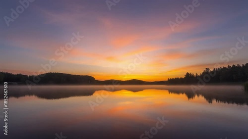 Wallpaper Mural A serene timelapse of sunrise over a calm lake, reflecting the golden hues of the sky. Torontodigital.ca