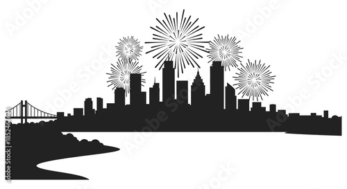 A stunning cityscape at night with vibrant fireworks illuminating the skyline a beautiful silhouette