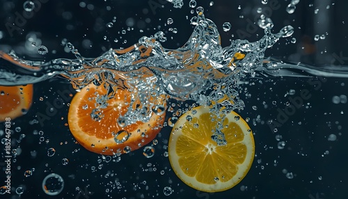 Citrus Impact: Orange and Lemon Slices Splashing into Crystal-Clear Water