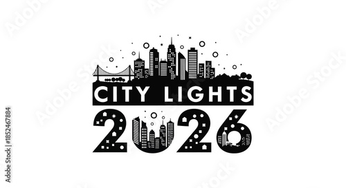 A striking city skyline design with illuminated buildings and a bold typographic element silhouette