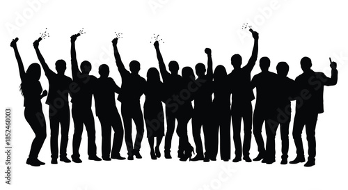 A large group of people raising their hands in celebration a dark silhouette