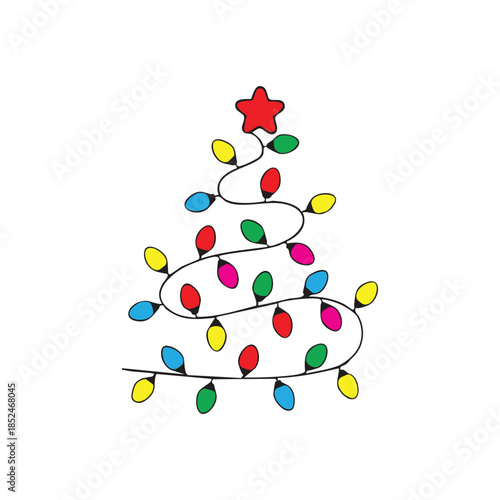 Christmas tree with glowing light bulbs on white background