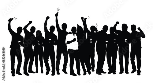 A joyful crowd of people raising their arms in celebration a striking dark silhouette