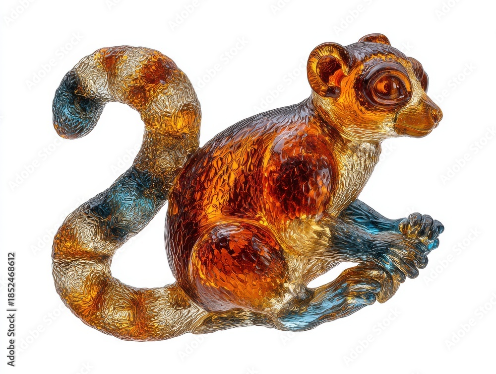 Obraz premium Artistic Glass Sculpture of a Lemur with Amber and Blue Hues Against White Background
