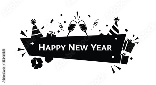 Celebratory new year design featuring champagne glasses confetti and a festive banner silhouette