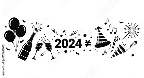 Festive new year celebration elements with champagne balloons and party favors silhouette