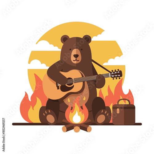 A brown bear plays guitar by a campfire at sunset in a peaceful outdoor setting f 84.