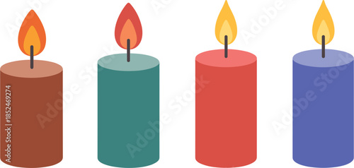 Four Colorful Candles With Lit Flames In A Row fire light