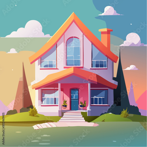 house with flowers and birds