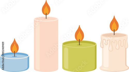 Four Lit Candles of Different Sizes and Colors on White Background untitled illustration