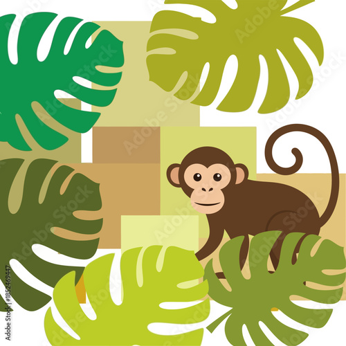 A cartoon monkey surrounded by lush greenery and large leaves in a vibrant jungle scene illustration f 98