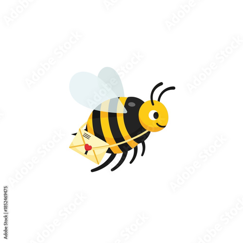 A cartoon bee delivering a letter with a red seal, flying in a plain white environment, viewed from the side with a smile on its face like f (99)