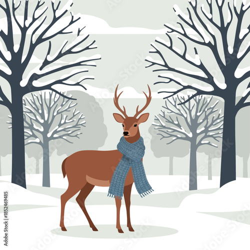A majestic deer stands in a serene winter landscape, adorned with a scarf, surrounded by snow-covered trees, in a peaceful forest scene from a frontal viewpoint, f (101) style.