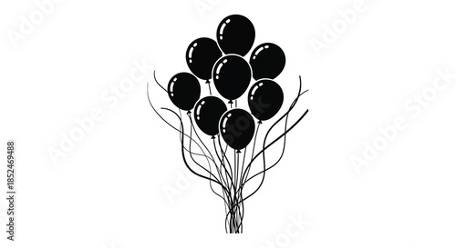 A cluster of dark balloons tied together with strings creating a simple graphic silhouette