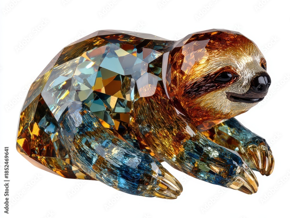 Obraz premium Decorative Crystal Sloth Figurine Sparkling Faceted Glass Animal Sculpture on White Background