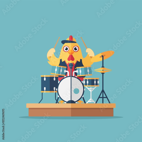 A cartoon chicken wearing a hat plays drums on a stage, entertaining the audience with its rhythmic performance.