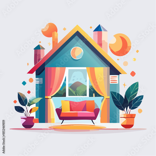 house with flowers and birds