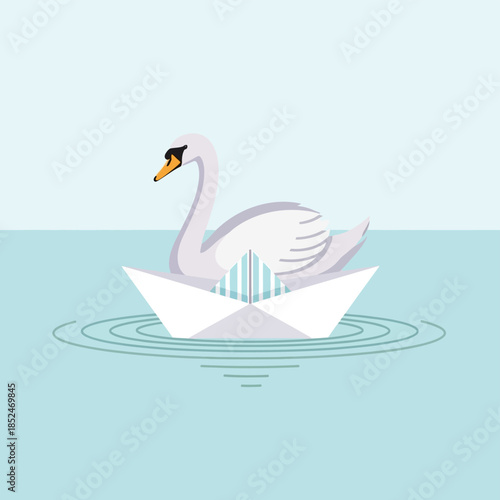 A swan sits calmly in a paper boat on serene water with ripples f 124