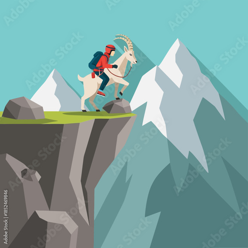 Man riding white goat on edge of cliff with mountains in background f (125)