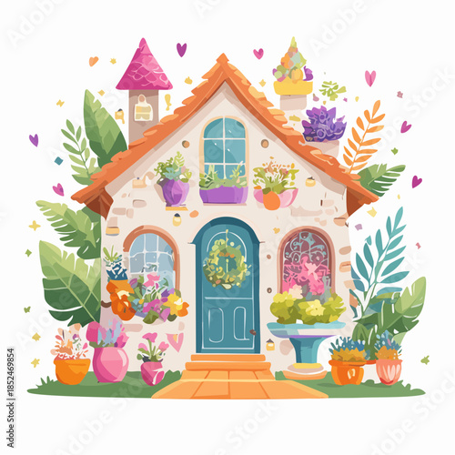 house with flowers and birds
