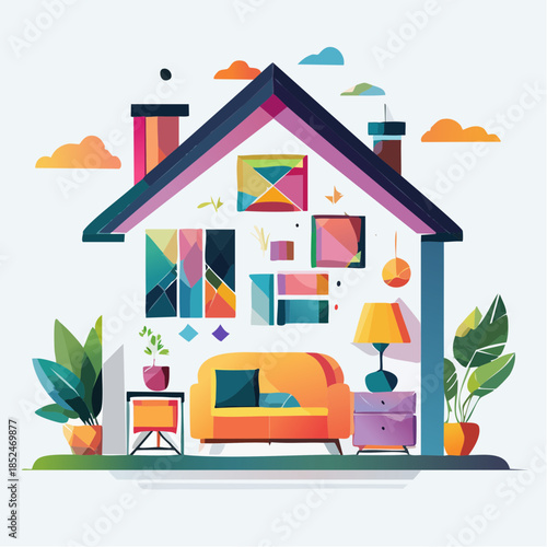 house with flowers and birds