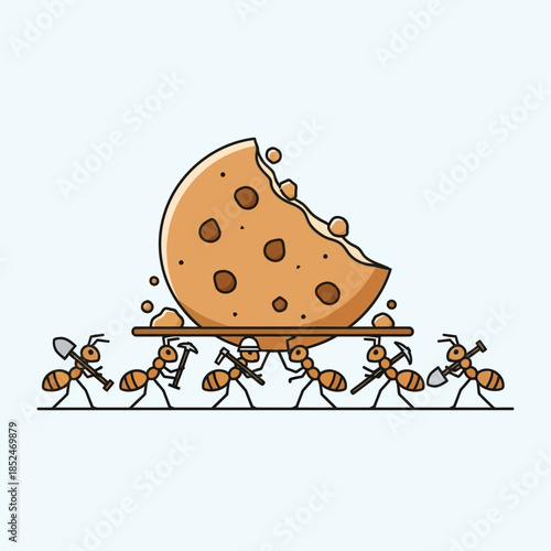 Ants laboriously transporting a massive chocolate chip cookie fragment on a makeshift stretcher, showcasing their teamwork and industrious nature in a whimsical illustration.