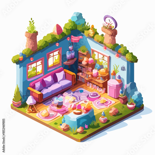 house with flowers and birds