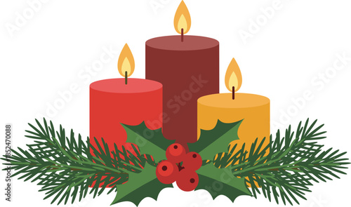 Three Christmas Candles With Pine Needles And Holly Berries Keywords: christmas, candles, red