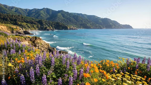 Vibrant spring wildflowers in purple and orange hues blanket a cliffside overlooking the deep blue ocean with rolling waves and distant green