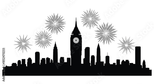 A stunning black and white depiction of london s skyline with fireworks a striking silhouette