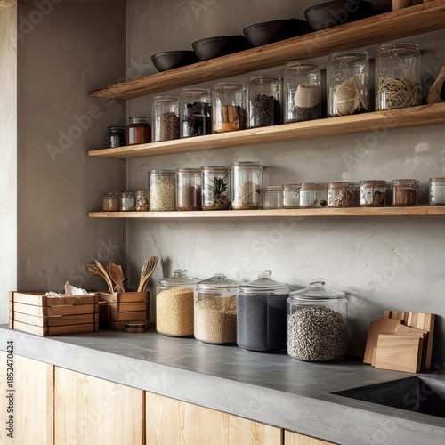 Zero-waste kitchen, minimalist design, glass jars, sustainable living concept.