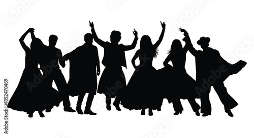 A joyful group of people dancing and celebrating together in a dynamic energetic silhouette