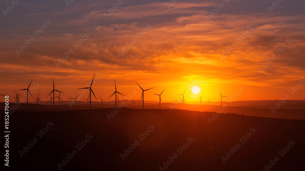 Naklejka premium Wind turbines silhouetted against a vibrant orange sunset with cloudy sky