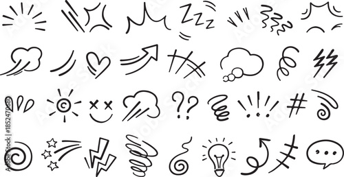 Handdrawn anime manga doodle line elements set. Collection of graphic effects for character emotion line art vector art and illustration black and white vector art and and illiustration 